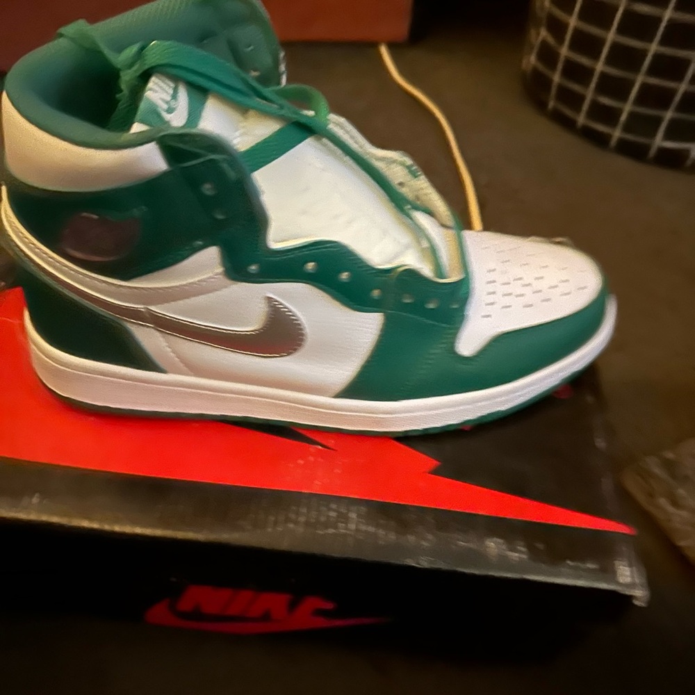 Jordans, green silver and white